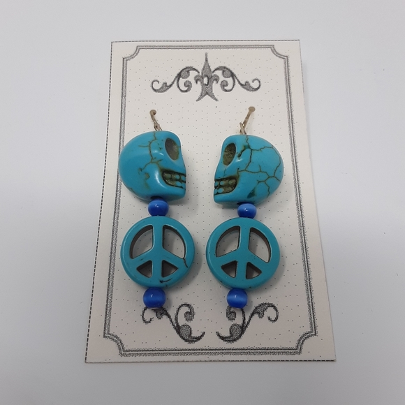 Handmade Skull Peace Sign Repurposed Bead Earrings - Picture 2 of 8